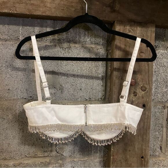 Lovers + Friends Peyton Bra Top White denim rhinestone fringe Revolve S - Picture 12 of 13